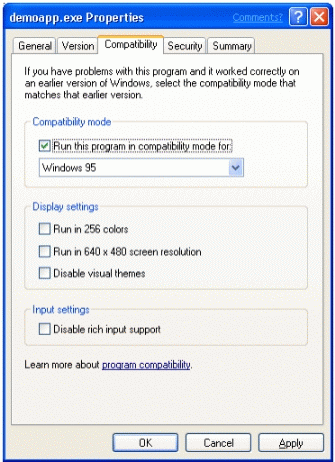Figure 1: Using the Compatibility tab to apply a compatibility mode to an application